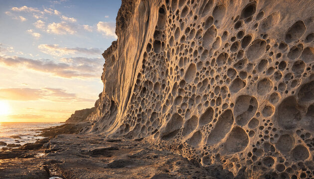 Rocky cliff face with unique circular pitted erosion patterns along a coastal shoreline during a golden sunset with ocean waves nearby
