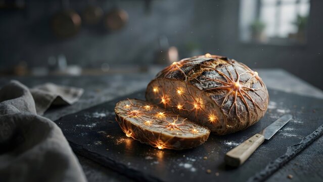 Sliced artisan boule bread showing glowing neural filament interior &ndash; Perfect for machine learning ideas, bio-tech research, or futuristic culinary themes.