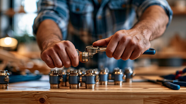 Close up of adult hands assembling pipe fittings with a wrench at a bright plumbing training bench basic plumbing concept vocational skills pipework practice trade education