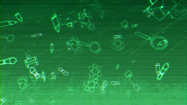 Glowing green classroom science visual doodle style tools, chemistry icons, atom diagrams, pencils, study graphics. for education videos, school presentations, online courses, learning content.