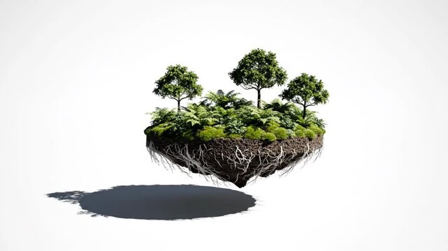 Floating island with trees and plants against a white background, symbolizing nature, environment, and earth