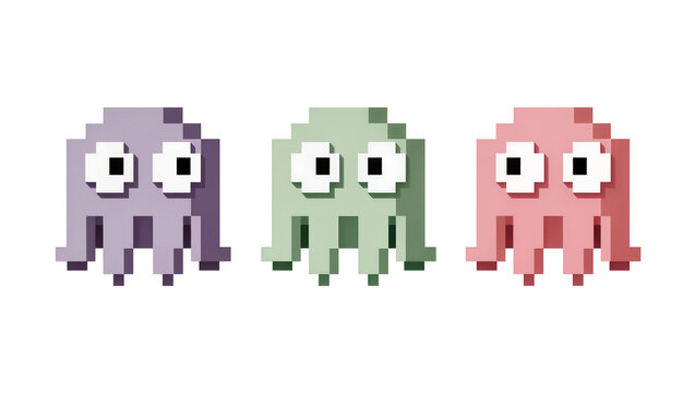 Isolated pixel art ghost monsters with tentacles, retro video game characters, colorful design