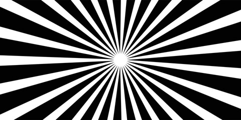 Abstract Black and White Sunburst Background with Radial Rays and Concentric Lines in Retro Circus Style for Hypnotic Optical Illusion and Creative Graphic Design. © DIMAS