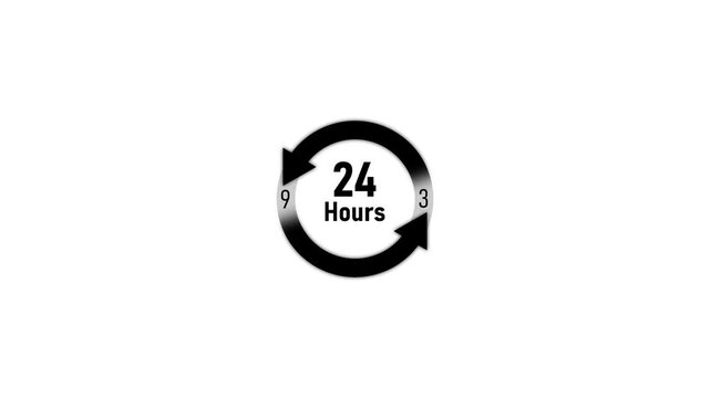 24 hours rotating circular arrow animation on white background, for business and, service availability