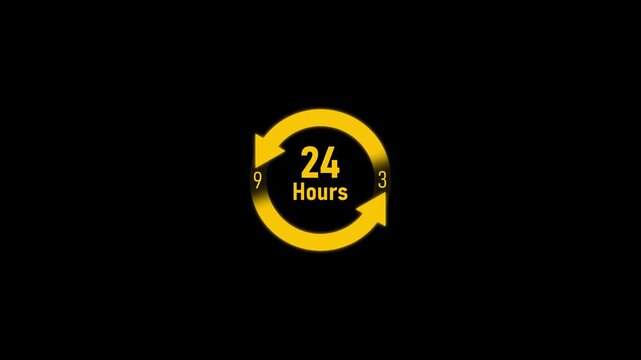 24 hours service animation with rotating arrows on black background, support availability round, the clock