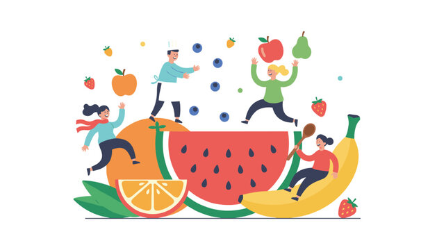 Group of energetic people jumping and playing around giant healthy fruits including watermelon, banana, and orange slices.