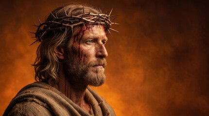 Fototapeta premium Man wearing a crown of thorns in dramatic warm light, representing biblical sacrifice for Easter campaigns and religious editorial covers.