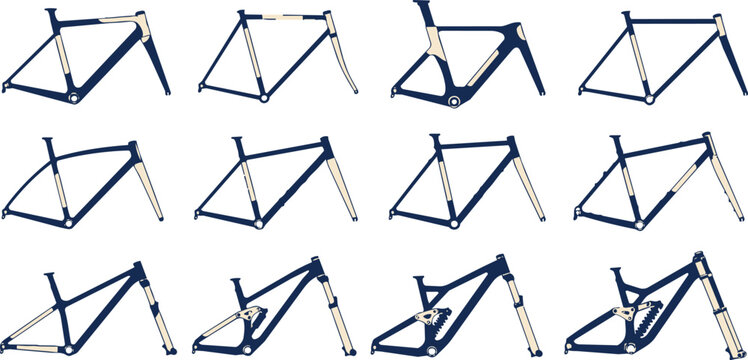 Collection of various modern bicycle frames and forks vector illustrations