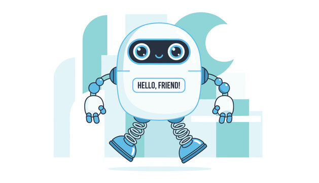 Cute friendly white robot with a digital screen face says hello to the world in a modern flat vector illustration for technology apps.