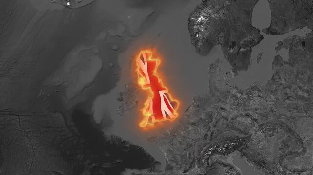 Glowing united kingdom map with union jack flag overlay animated britain geography concept england scotland