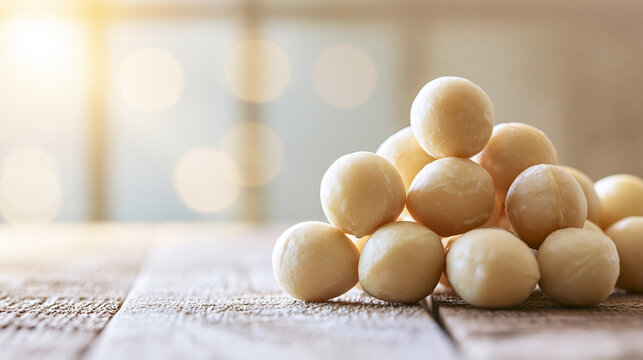 Pile of Creamy Round Cakes with Light Bokeh Background