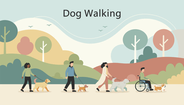 Diverse group of people including a man in a wheelchair enjoy walking their different dog breeds through a colorful rolling park landscape.