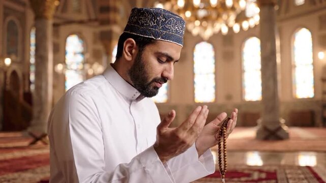 Muslim man praying with prayer beads inside a mosque during daylight