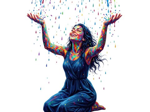 Girl kneeling beneath a shower of vivid paint