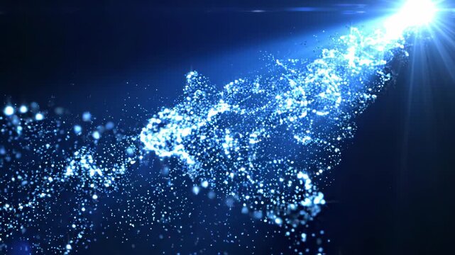 Abstract blue light energy beam with glowing particles and bokeh effects on a dark background