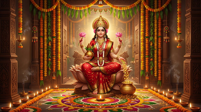 Goddess Lakshmi sitting on lotus. Hindu deity of wealth pouring gold coins for Diwali.
