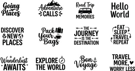 Travel typography collection inspirational quotes for adventure exploration and wanderlust themed designs © Shahid