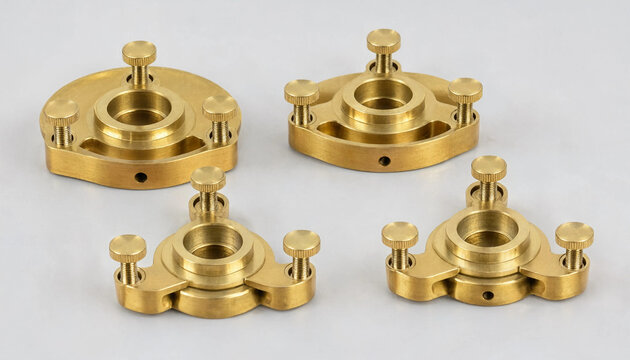 Set of four brass mechanical components with circular bases and three vertical pins, isolated on a plain white background, for technical use