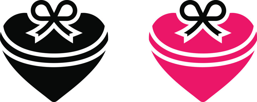 Heart Shaped Gift Box Icon Set, Minimal Present Symbol with Ribbon, Black and Pink Vector Illustration