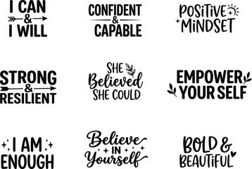 Obraz premium Nine inspirational typography quotes for wall art t shirts and positive affirmation merchandise