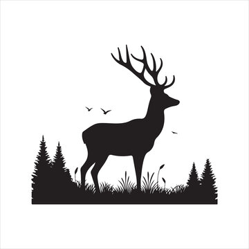 forest deer at dawn vector silhouette line art logo concept illustration