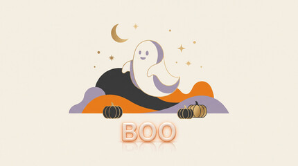 Naklejka premium Playful ghost floating over boo text and seasonal pumpkins with halloween celebration crescent