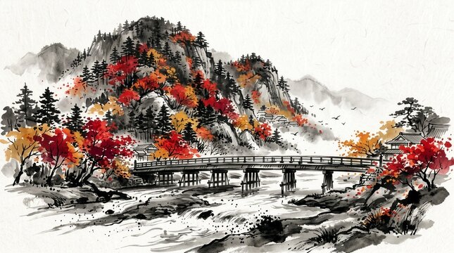 Ink wash illustration of a wooden bridge over a river with autumn mountains