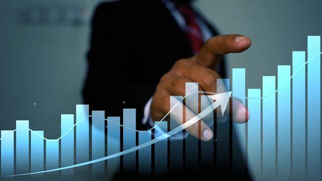 Touching holographic business graph bar on the screen, Businessman hand touching pointing at a glowing bar chart and arrow animation on screen 