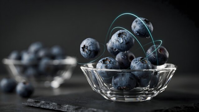 Blueberries as quantum spheres orbiting magnetic fields in crystal bowl &ndash; Ideal for physics education graphics, quantum computing art, or surreal science visuals.