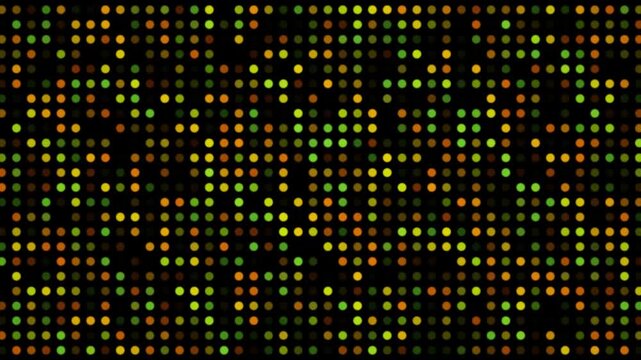 Abstract background featuring a grid of green and orange dots on a black surface.