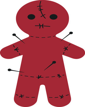 Red voodoo doll with black stitching and pins vector illustration EPS PNG file