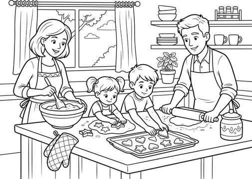 Family baking fun coloring pages design for kids adults printable cookie decorating activity sheets