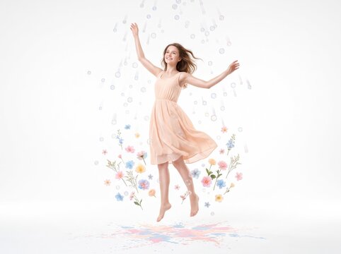 Peach clad girl dancing through a field of blooms