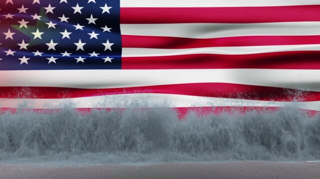 China Take Over America Flag 4K features an American flag waving in the sky with waves of water crashing toward the viewer with the Chinese flag (communism) slowly taking over in America.