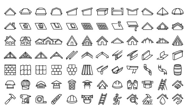 House Roof Types and Construction Line Icon Set with Shingles Trusses Gutters and Carpentry Tools for Architecture Engineering and Home Improvement Designs