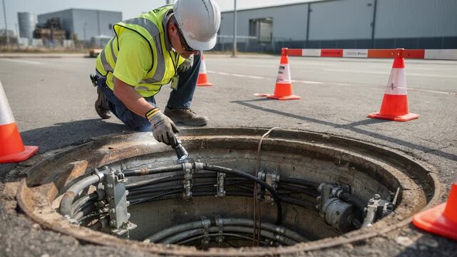 Safety inspector examining underground cabling inside manhole with clarity industrial zone buildings softly blurred behind for secure infrastructure assessment.