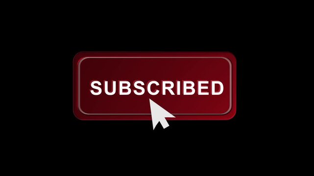 Glossy subscription button visual bold red panel, white subscribe label, mouse pointer, and clean black background. vlog intros, promo videos, web tutorials, streaming screens, animated reminders.