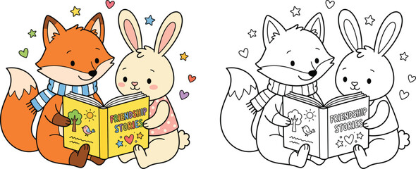 Cute Fox and Bunny Reading Friendship Stories Book Together Set in Color and Line Art for Kids Coloring Page