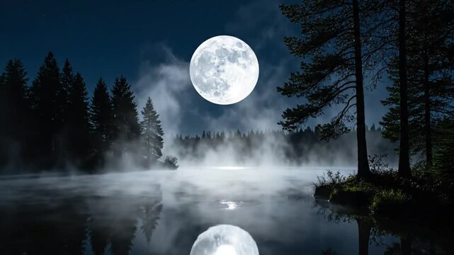 Serene night scene featuring a full moon reflecting on a tranquil lake with misty atmosphere and silhouetted trees