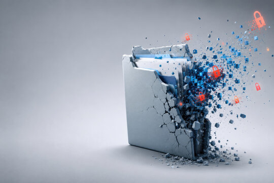 Damaged file folder breaks apart with red lock symbols. Space for text.