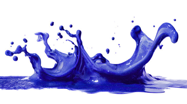 Indigo liquid splash with scattered droplets isolated on a white background 