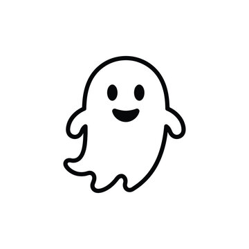 Simple outline of a friendly ghost with a smiling face and wavy bottom on a white background, halloween character icon