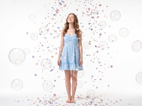 Blue dressed girl amid floating bubbles