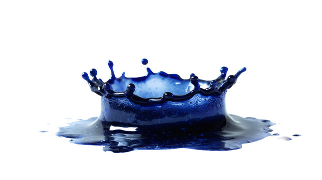 Indigo liquid splash with scattered droplets isolated on a white background 