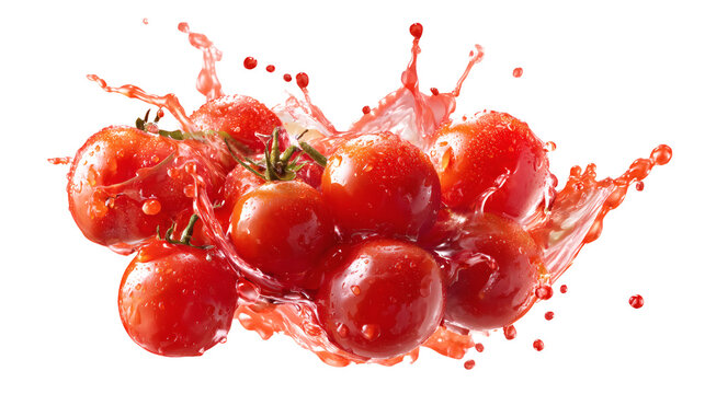 Cherry tomatoes being crushed with vibrant juice splash, isolated on a white background