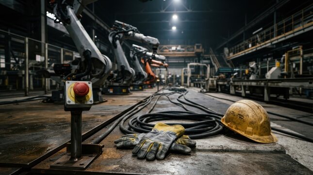 Inactive robot arms, hard hats, gloves, cables, and emergency stop button on a factory floor with assembly line