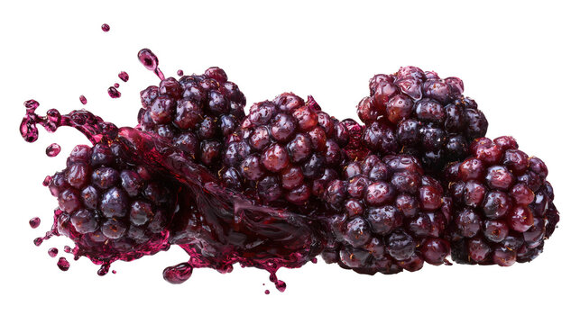 Blackberries compressed with detailed fruit texture and dynamic splash, isolated on a white background