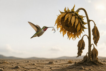 Fototapeta premium Hummingbird carries a water drop toward a wilted sunflower. Space for text.