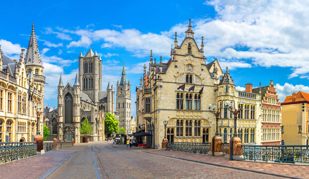 Panoramic view of Ghent landmarks in historical city center, Saint Michael Bridge, Saint Nicholas Church, Belfry Belfort, Old Post Office in Gent old town, East Flanders province, Belgium