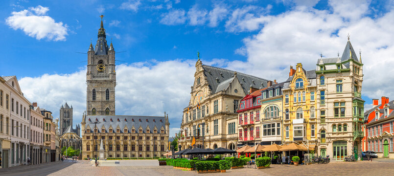 Ghent panorama, Ghent cityscape panoramic view, Belfry of Ghent Het Belfort van Gent medieval bell tower watchtower, Cloth hall Lakenhalle, Royal Dutch Theatre in Ghent city historic center, Belgium